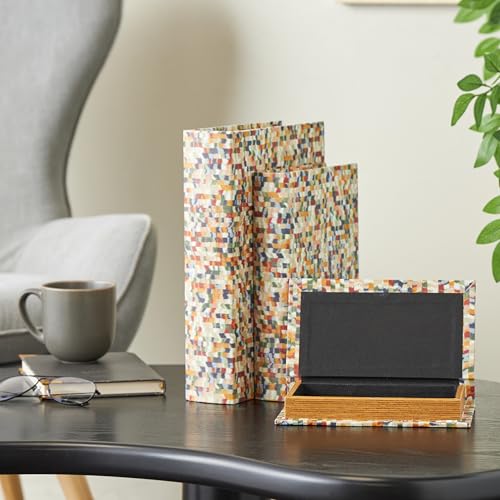 Deco 79 Faux Leather Decorative Box Faux Book Storage Book Shaped Boxes with Multi-colored Geometric Patterns, Set of 3 Decorative Keepsake Boxes 13", 11", 9" H, Multi Colored