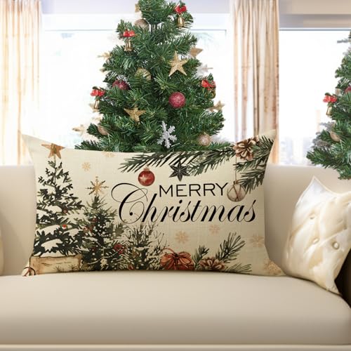 Merry Christmas Tree Lumbar Throw Pillow Cover, 12 x 20 Cotton Linen