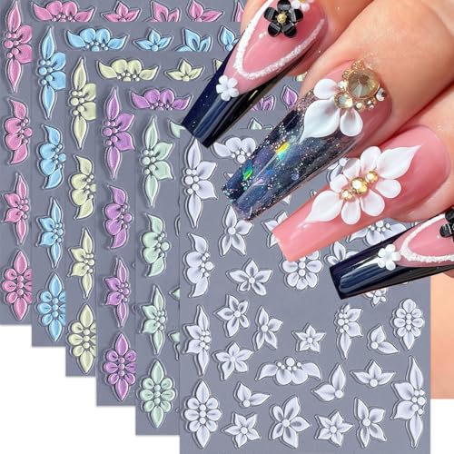 Quezadyl 6 Sheets 5D Embossed Floral Nail Stickers Colorful Flower Art Decals
