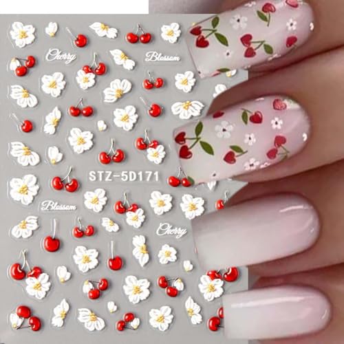 5D Flower Nail Art Stickers - Cherry & Blueberry Self-Adhesive Decals (2 Sheets)
