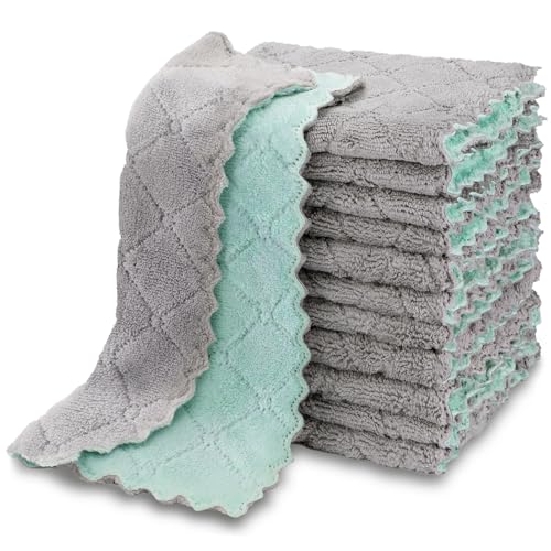 AIDEA Coral Fleece Kitchen Dishcloths, 6.3"x10.4", Green/Grey - 12 Pack