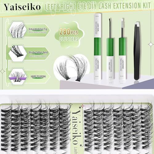 Yaiseiko DIY Lash Extension Kit - Natural 30+45D Individual Clusters, Bond, Seal & Tweezers (8-17mm)