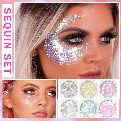 6 Color Body Glitter Gel Set - Holographic Sequins for Face and Hair