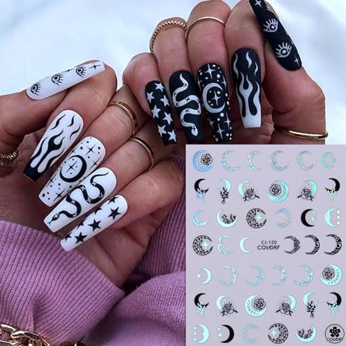 TBRZTR 8 Sheets Laser Silver Nail Art Stickers 3D Self-Adhesive Sun Moon Flower Decals