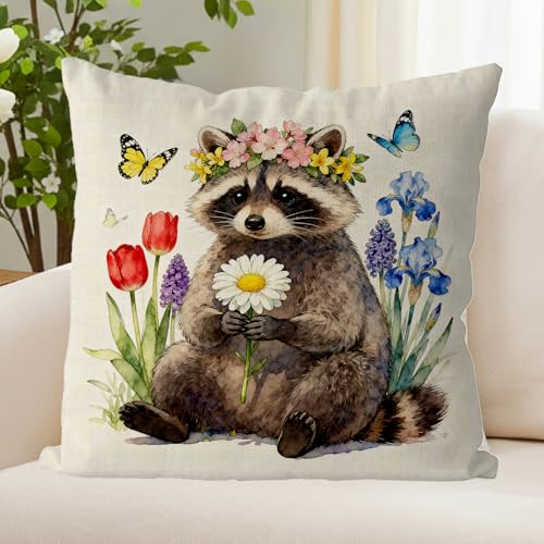 GAGEC Raccoon Pillow Cover 18x18 Inch Spring Decor
