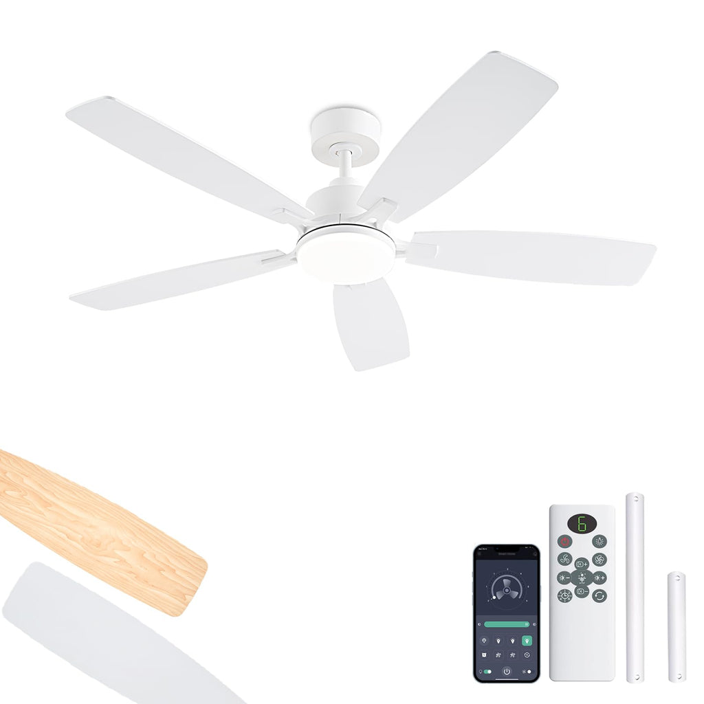 NKPU White Ceiling Fans with Lights, 52 Inch Low Profile Ceiling Fan with Light and Remote/App Control, Dual-Sided Blades, Reversible, 3CCT, Dimmable, Modern Ceiling Fan for Indoor/Outdoor Patios