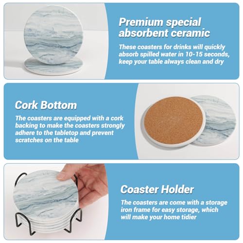 Acejoz 6-Piece Blue Marble Ceramic Coaster Set with Metal Holder
