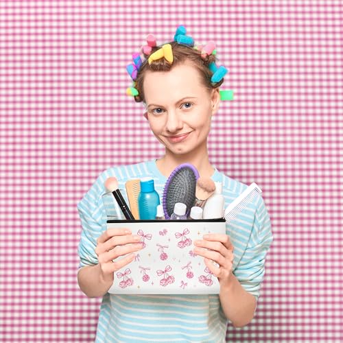 Pink Bow Makeup Bag Waterproof Linen Travel Cosmetic Pouch for Women