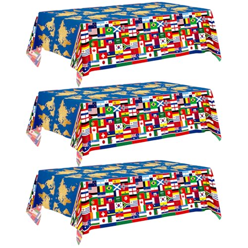 World Cup Flag Tablecloths - 3 Pack Disposable Plastic Covers for Parties