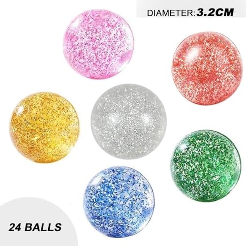 24 Pcs Glitter Bouncy Balls for Kids - 32mm Rubber Party Favors & Classroom Rewards