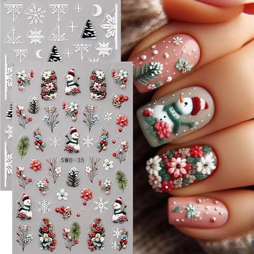 5D Christmas Nail Stickers Embossed Snowflake Decals 4 Sheets