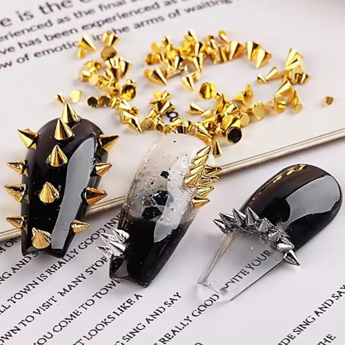 3D Metal Nail Spikes & Studs - Gold & Silver Cone Charms with Tools