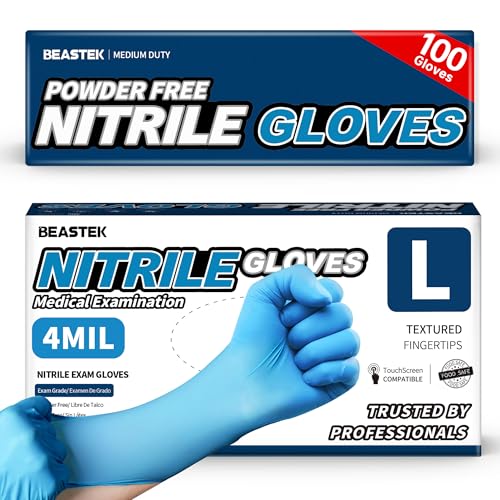 BEASTEK Blue Nitrile Exam Gloves, Large, 4 Mil Powder-Free Disposable, 100 Pcs