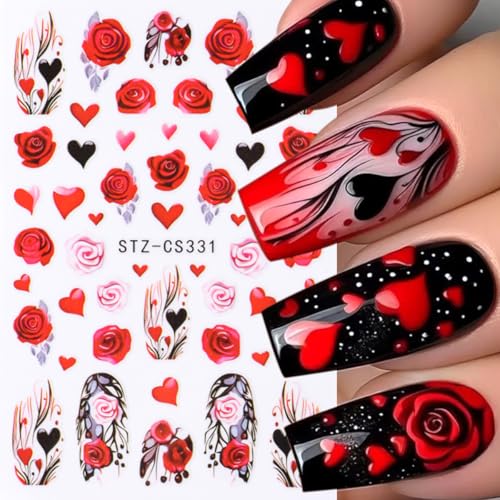 Valentine's Day Nail Art Stickers 8 Sheets 3D Heart Flowers Decals