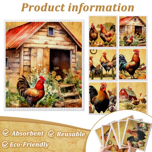 Chickens Retro Kitchen Dish Towels - 6 Pcs Reusable Cloths