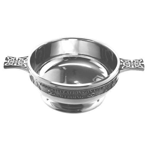 English Pewter Company Congratulations On Your Wedding Quaich Whisky Tasting Bowl Loving Cup with Celtic Handles - 3.5" Diameter [WD255]