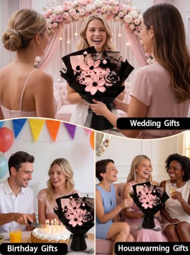 Crochet Flowers Bouquet - Pink & Black Handmade Knitted Gift for Her