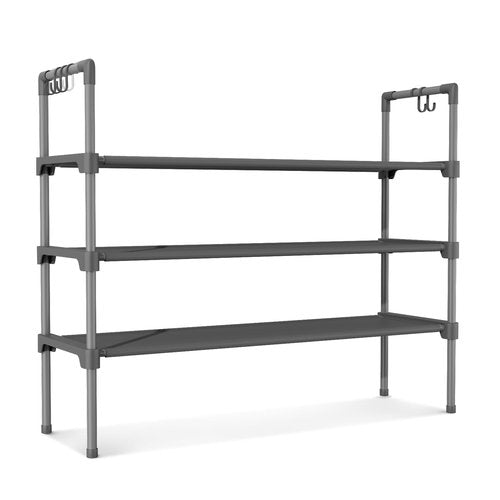 LANTEFUL 3 Tier Shoe Rack for Closet, Shoe Organizer with 5 Hooks, Long Shoe Shelf Storage for Shoe and Boot Stackable Free Standing Shoe Rack for Entryway, Garage, Small Spaces, Dorm, Grey