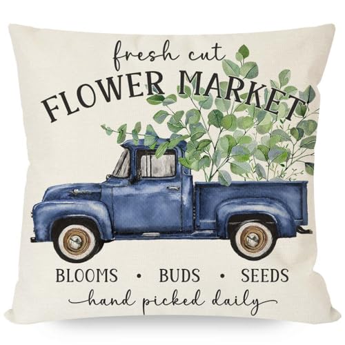 PANDICORN Spring Pillow Covers Set of 4 - Eucalyptus Leaves & Blue Vase - 20x20 Inch Decorative Throw Pillow Cases for Couch & Outdoor Decor