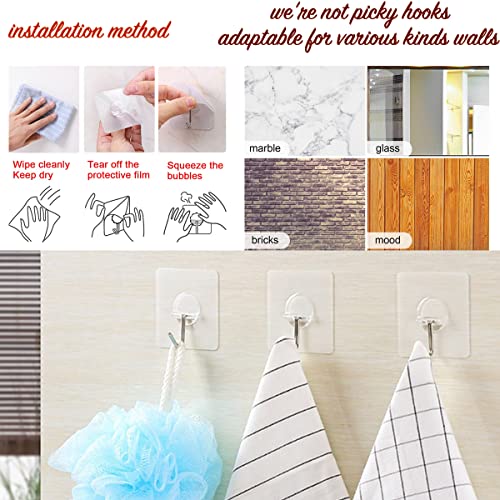 Transparent Heavy Duty Adhesive Hooks 14 Pack - 33 lb (15kg) Waterproof & Reusable