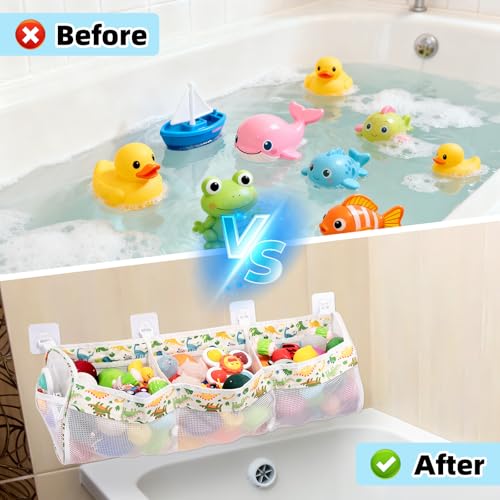 Dinosaur Bath Toy Organizer - 3 Compartment Storage with Hooks
