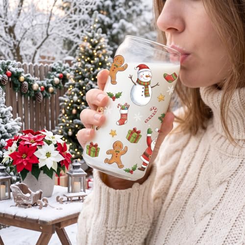 Christmas Glass Cups with Lid and Straw Set - Xmas Holiday Gift, 347 Variation