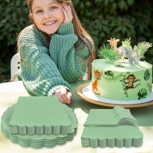 7-Inch Sage Green Scalloped Paper Plates and Napkin Set for 25 Guests
