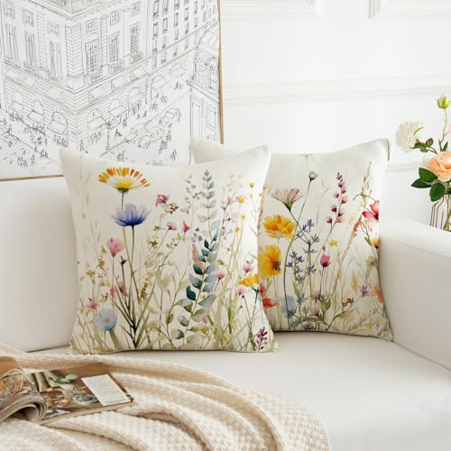 Spring Floral Throw Pillow Covers 18x18 Inch Set of 2