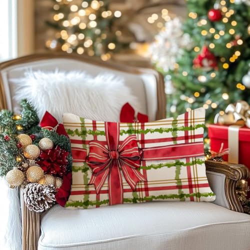 Christmas Pillow Cover 12x20 Inch - Red and Green Gift Bow Design