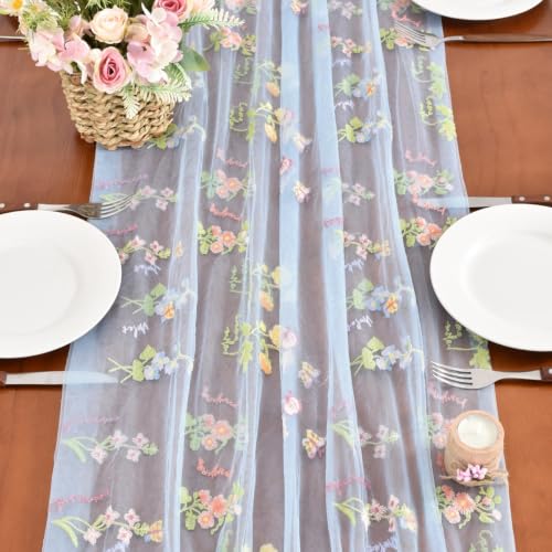 Blue Butterfly Floral Table Runner for Garden Party and Home Decor - 28x120 Inches