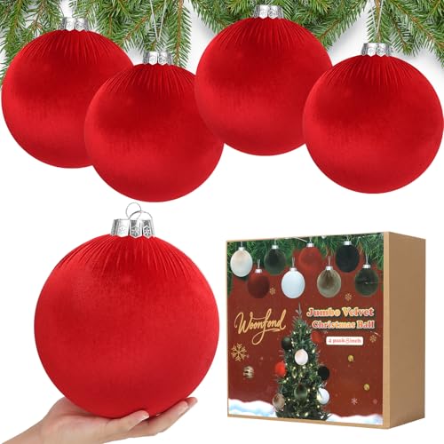 Red Jumbo Christmas Velvet Balls - 8 Inch Large Holiday Tree Ornaments (Set of 4)