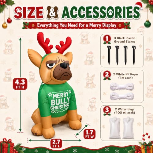 4.3FT Christmas Inflatable Bulldog with LED Lights - Green Variation