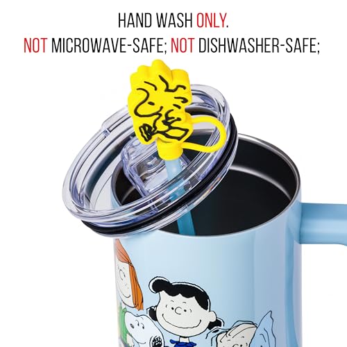 Silver Buffalo Peanuts Gang Charlie Brown, Snoopy, Woodstock, Lucy, Sally, Linus, Double Walled Stainless Steel Tumbler with Handle, Straw, and Straw Cap, Fits in Standard Cup Holder, 40 Ounces