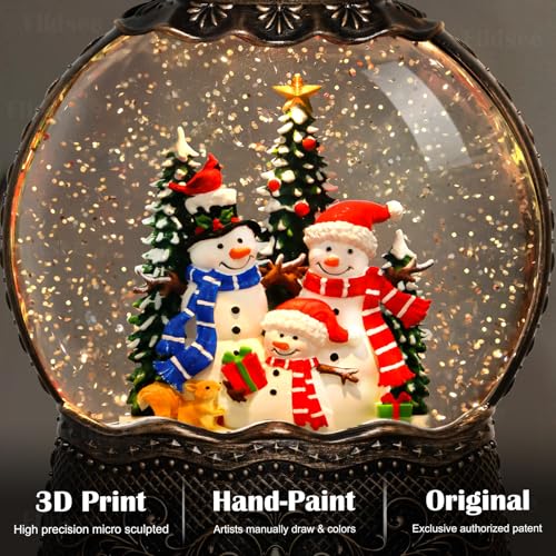 Christmas Snow Globe Lantern with Musical Snowman & Squirrel - Snow Globe Light with Timer & USB/Battery Power - Holiday Indoor Decor - Snowman Family Variation