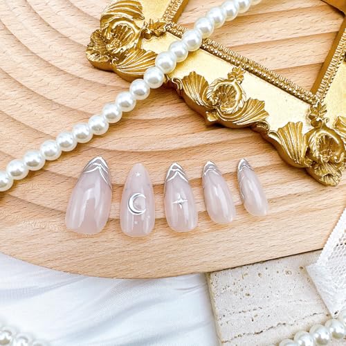 Almond Press On Nails Silver French Tip with 3D Star Designs Reusable
