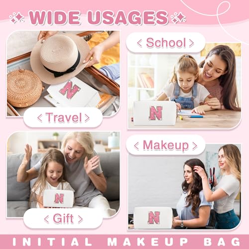ChaoGreat Personalized Initial Makeup Bag - White PU Leather Glitter Letter Toiletry Pouch