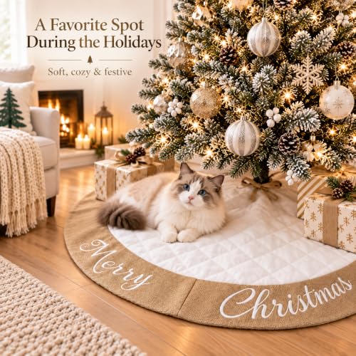48-Inch White Quilted Cotton Christmas Tree Skirt with Burlap Decor