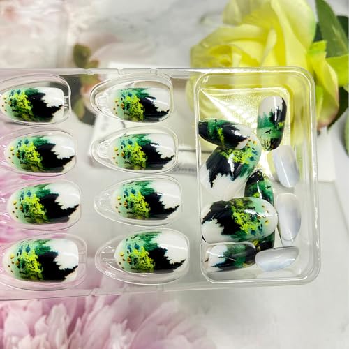 Green Press on Nails Medium Oval False Nails Forest Pine Tree Design 24Pcs