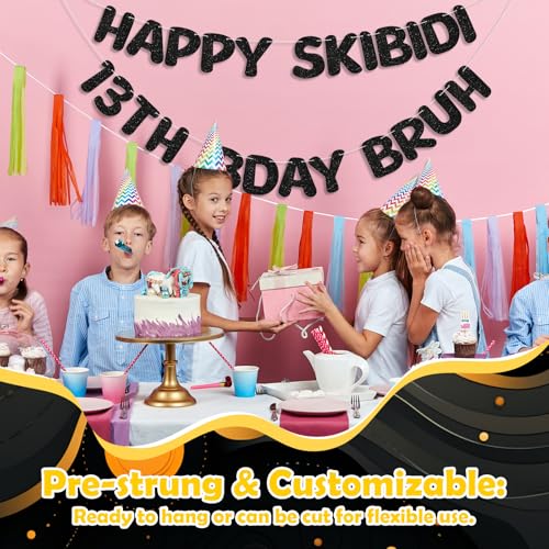 Happy Skibidi 13th Birthday Banner | Pre-Strung Black Glitter Sign