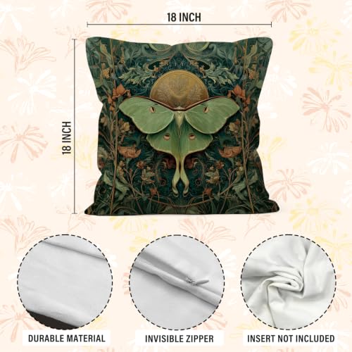Boho Green Luna Moth Throw Pillow Cover 18x18 | Cozy Home Decor