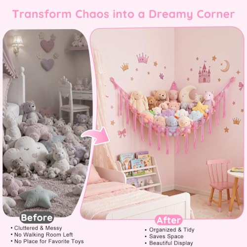 Basumee Pink Stuffed Animals Hammock with LED Light - Large (39" x 39" x 59")