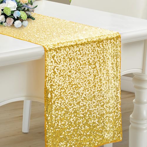 Gold Sequin Table Runner - 12 x 108 Inch, 1 Pack