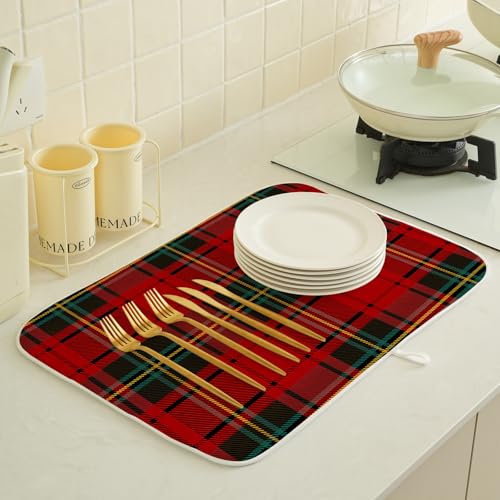 Christmas Dish Drying Mat 18x24 Inch Buffalo Plaid - Red, Green & Floral Variation