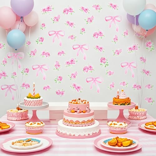 90 Pink Bow & Rose Wall Decals - Floral Peel & Stick Stickers