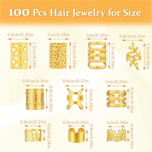Tyqour 100pcs Gold Hair Cuffs and Rings for Braids and Dreadlocks