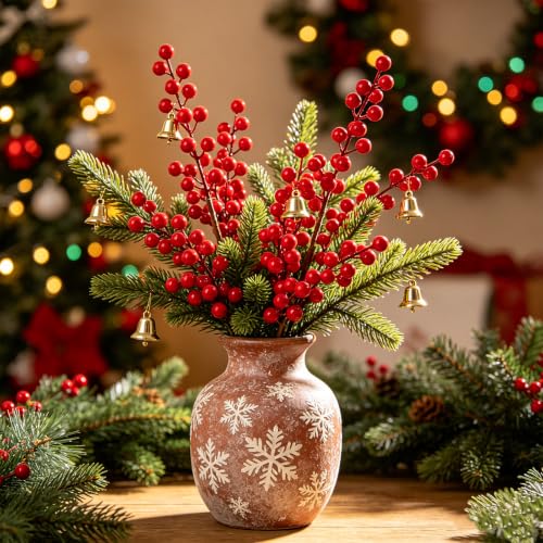 Artificial Red Berry Stems for Christmas Tree Decor - 16.9 Inches, 12 Pack
