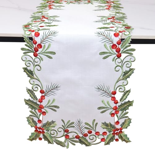 Christmas Table Runner Holly Red Berry White 13x36 Inches Embroidered Holiday Decor - White Variation