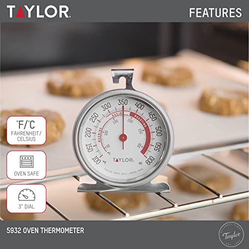 Taylor Precision Products Large Dial Oven Thermometer, Stainless Steel, 1-Pack