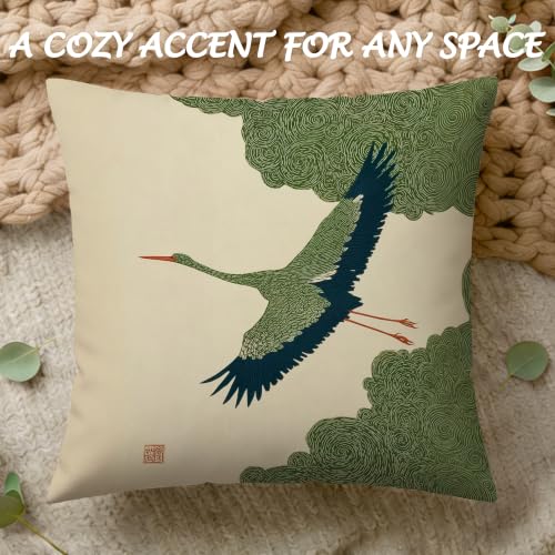 Japanese Green Crane Flannel Pillow Cover 18x18, Oriental Throw Case