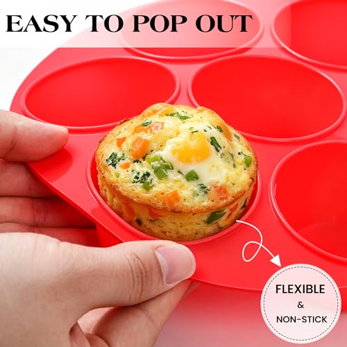 CAKETIME 7-Cup Silicone Muffin Pan for Air Fryer Oven, Nonstick Red